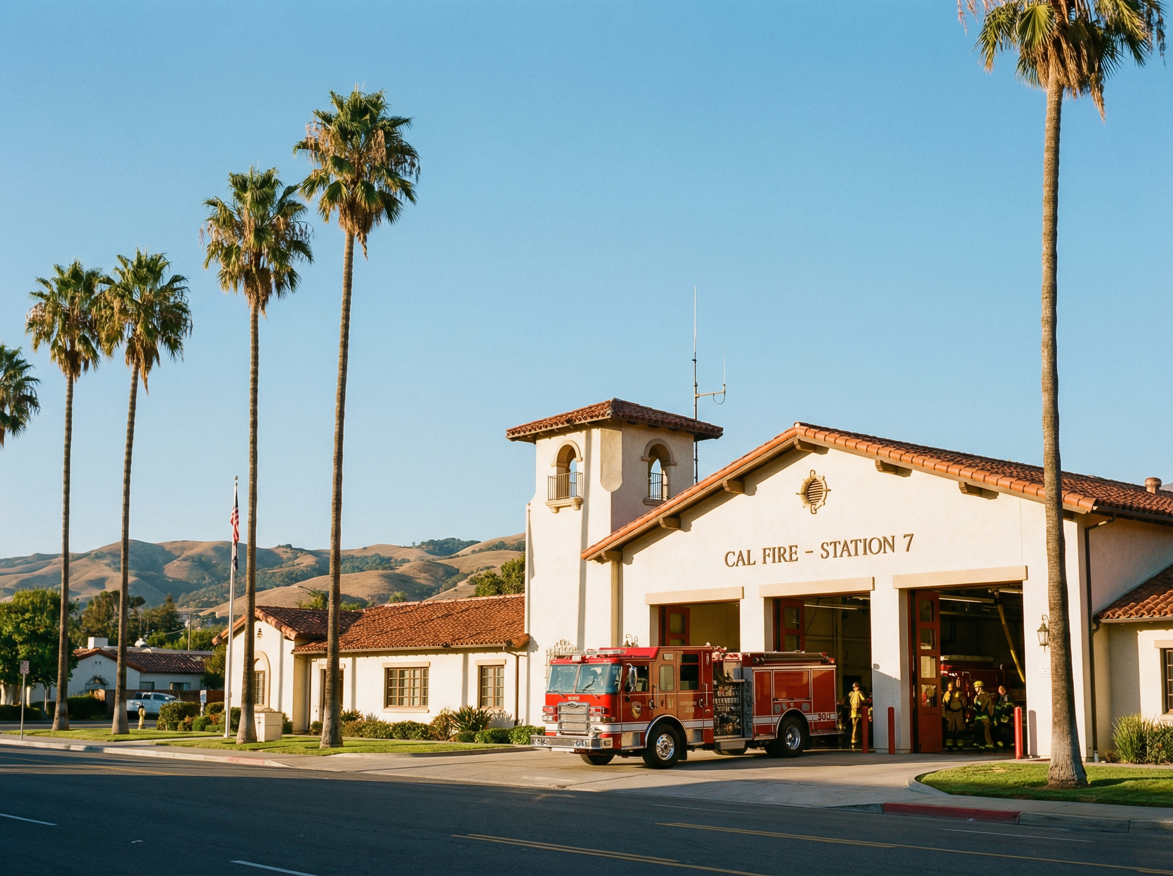 California fire station with palm trees and fire engine