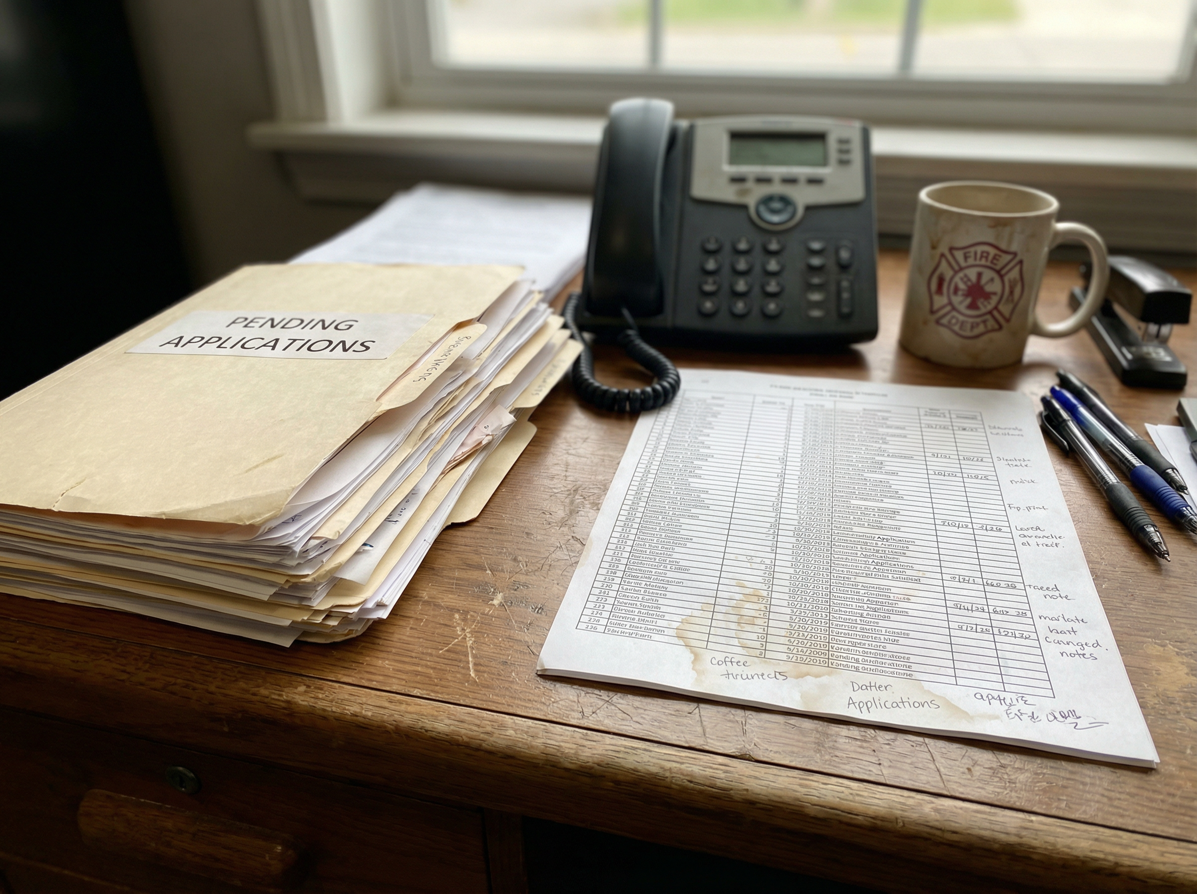 Cluttered desk with pending applications folder, spreadsheets, and phone - representing the manual hiring process